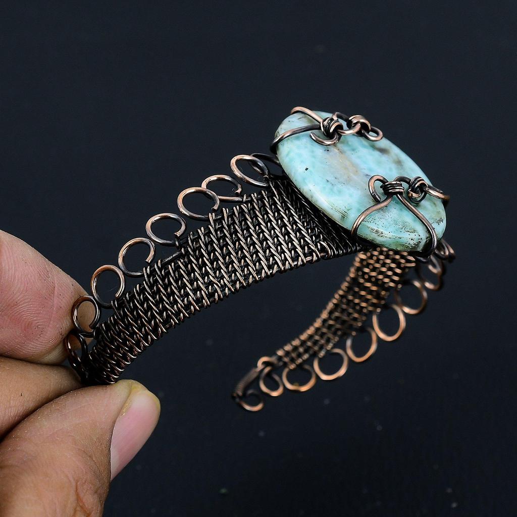 Larimar Bangle, Handmade Gemstone Bangle, 999 Copper Wire Wrapped Antique Jewelry, Gift For Love