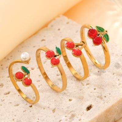 Stainless Steel Ring with Colorful Oil Drops Cherry Index Finger Ring Fashion Sweet Vacuum Electroplated Titanium Steel Jewelry