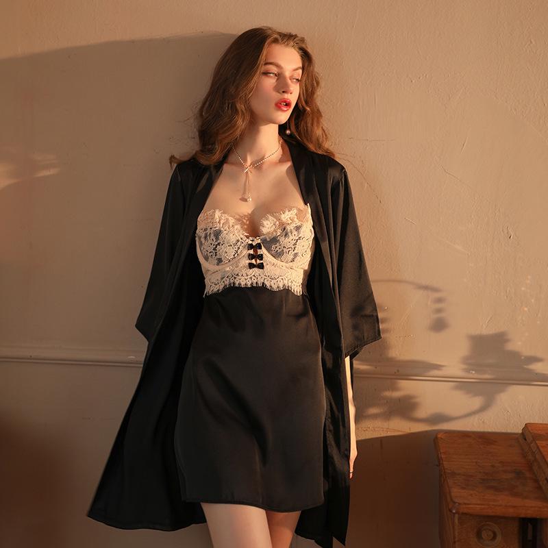 Exquisite Multicolor Lace Nightgown Set: Strappy Slip & Bathrobe with Deep V and Slit Design