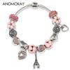 New Valentine's Romantic Pink Heart Charm Bracelet & Bangle Fine Crystal Diy Bead Bracelet Jewelry for Women Girl Gift