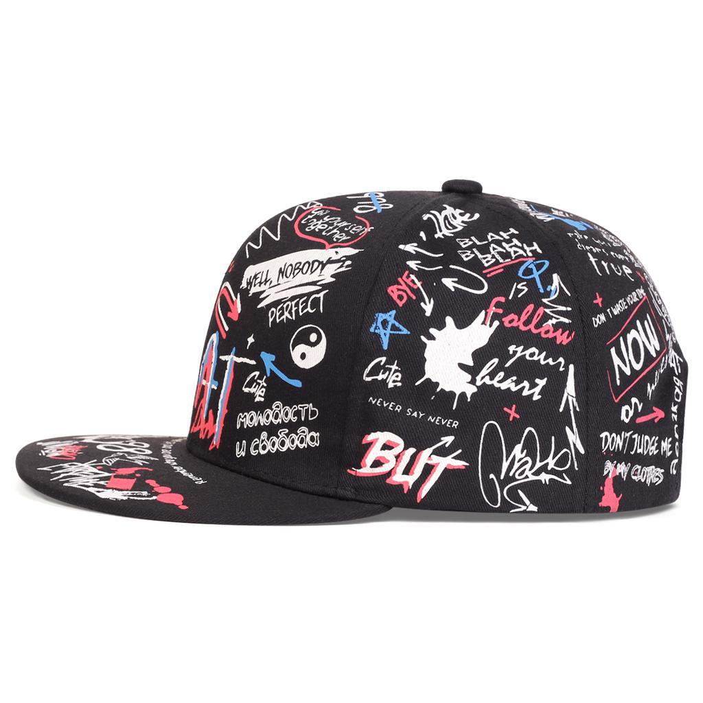 Unisex WHAT Graffiti Print Adjustable Hip Hop Baseball Hat Flat Caps Spring Autumn Outdoor Sport Travel for Women Men