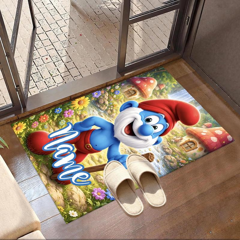 Custom Name Personalized Blue Smurfs Print Carpet, Versatile Home Decor Rug, for Playroom, Apartment, Balcony, Entryway, Hallway Gift