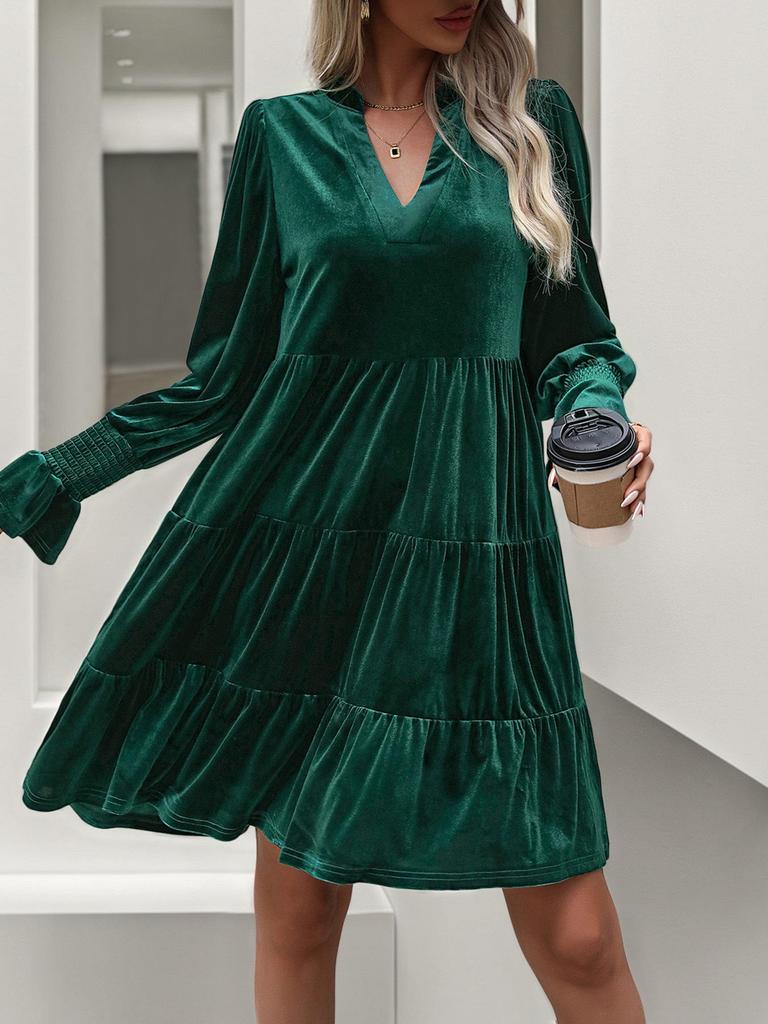 2026 Elegant Velvet Party Dress - Long Sleeve Solid Color
