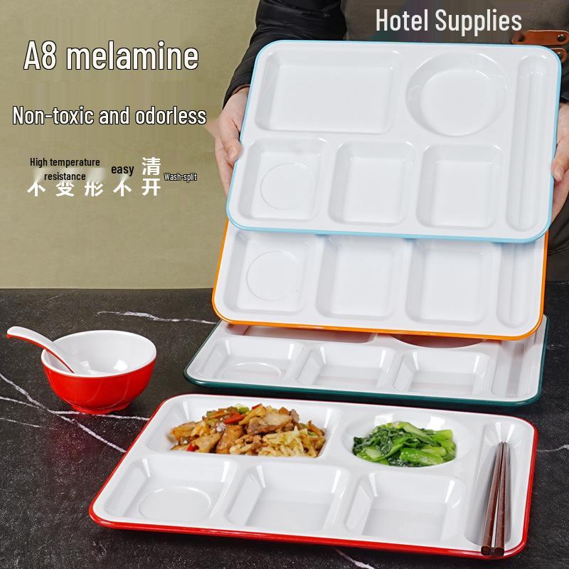 Two-Color Melamine Six-Grid Fast Food Serving Plate - School Cafeteria Rectangular Divider Plate