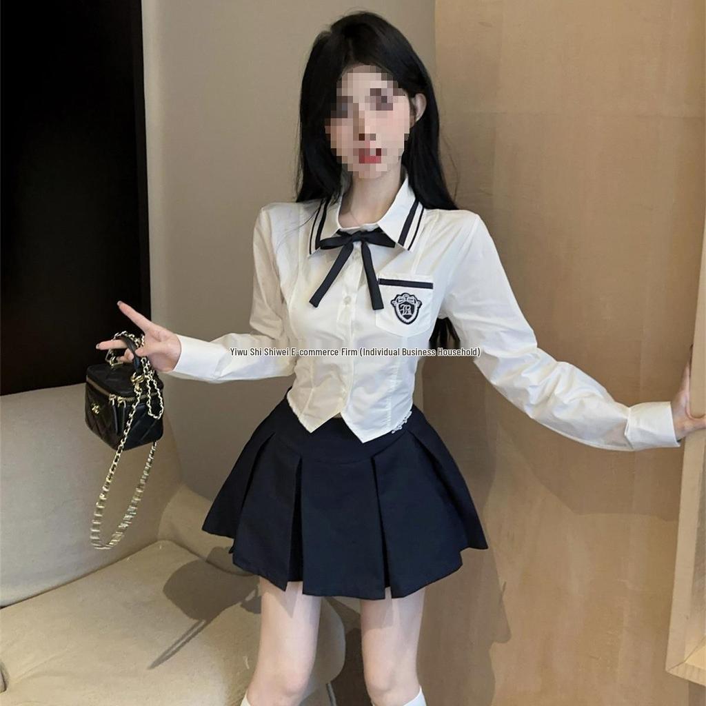 Preppy Autumn JK Set: Long Sleeve Shirt & High Waist Pleated Skirt