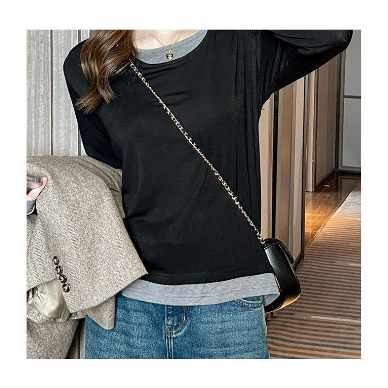 Women Fall Fake Two Piece Bottom Positive Shoulder Long Sleeve Loose Top