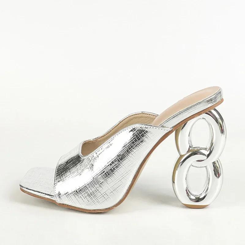 Fashion NEW Designer Strange Fretwork Heels Modern Slippers Sandals Women Sexy Square Toe Dress Party Shoes Summer Mules Slides Pumps