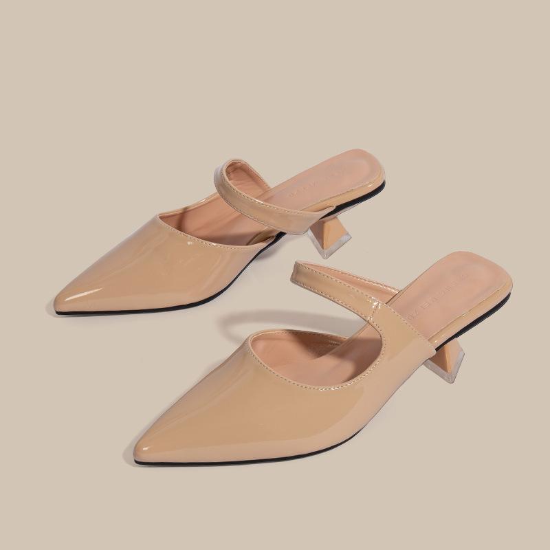 

Fashion japanned leather med-high heels slippers women ankle band cutout party slides shoes pointed toe strange heeled sandalias size 43 34 телесный