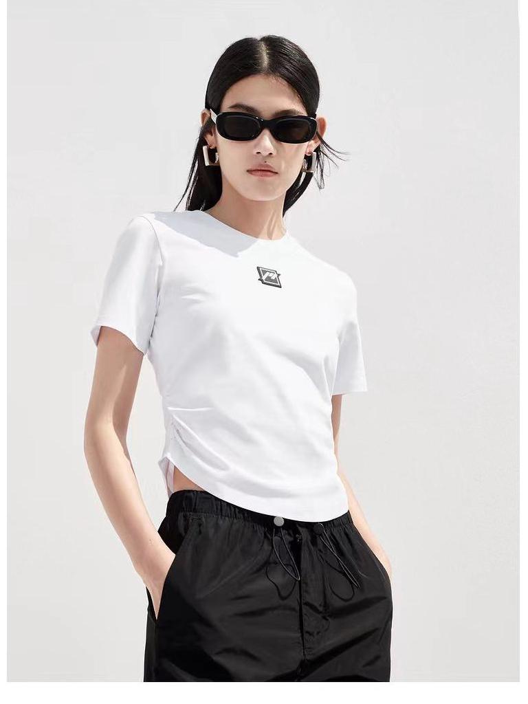 MO*CO Damen 2025 Frühling/Sommer Gummi-Patch Cropped T-Shirt - Kurzarm, Rundhalsausschnitt, Geraffter gebogener Saum