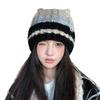 Striped Plush Beanie Women's Autumn and Winter Commuting Versatile Warm Ear Protection Hoodie Big Head Circumference Show Face Small Knitted Hat