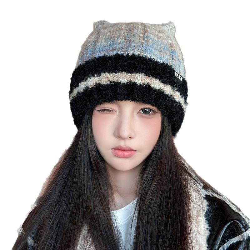 Striped Plush Beanie Women's Autumn and Winter Commuting Versatile Warm Ear Protection Hoodie Big Head Circumference Show Face Small Knitted Hat