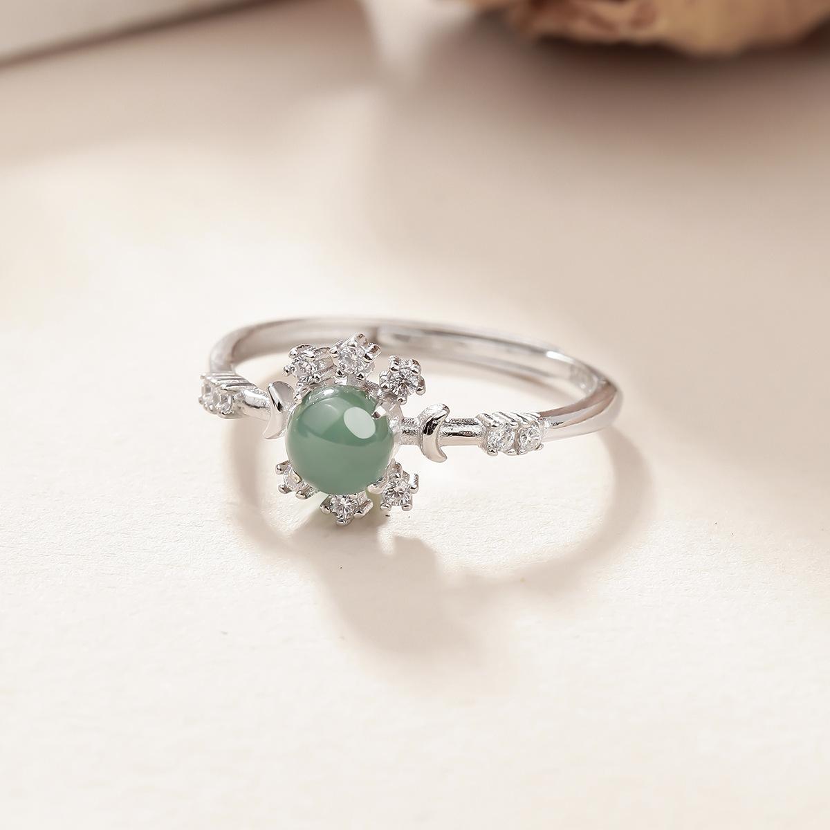 S925 sterling silver ring inlaid with dangerous material natural jadeite blue water sunflower ring female live design opening adjustable