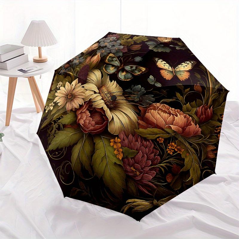 Elegant Floral Butterfly Circular Wall Art DecorUmbrellaPortable 3-Fold Compact Umbrella for Men & Women Gift
