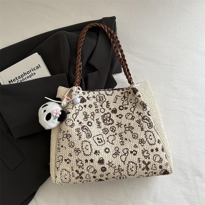 Korean leopard print handbag autumn and winter retro woven knitted bag fashionable large-capacity tote bag female cute student