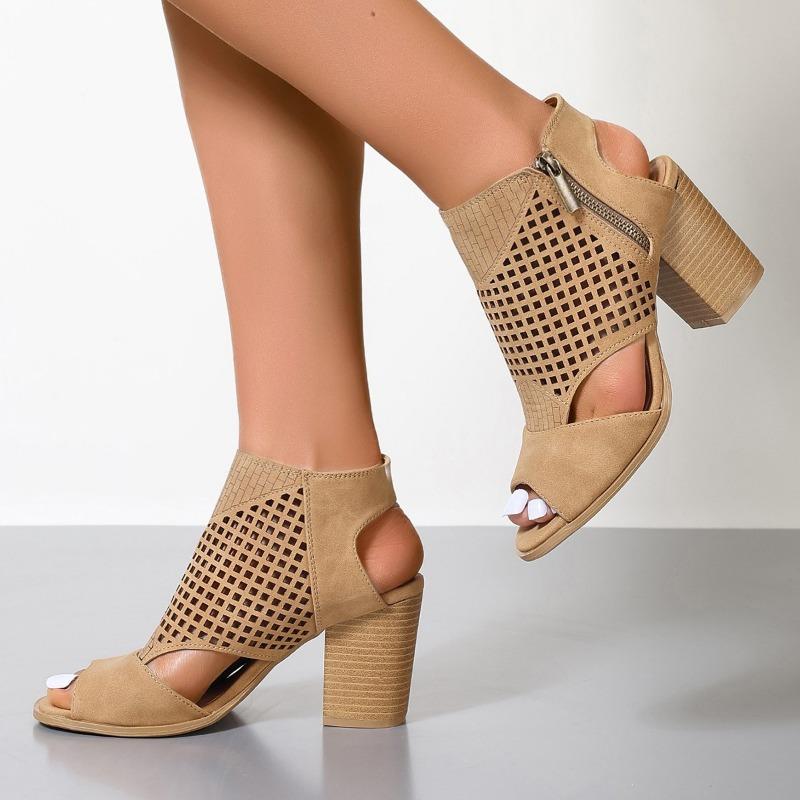 

Модные женские туфли-босоножки с открытым носком и вырезом на пятке, новинка лета, дышащие, с боковой молнией, на массивном каблуке 36 хаки
