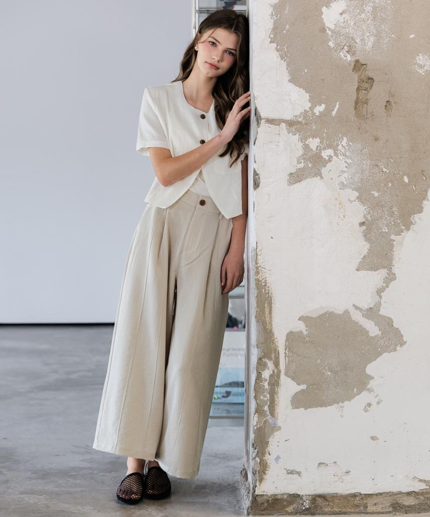 HYFVE Summer Pintuck Cut Linen Wide Elastic Pants