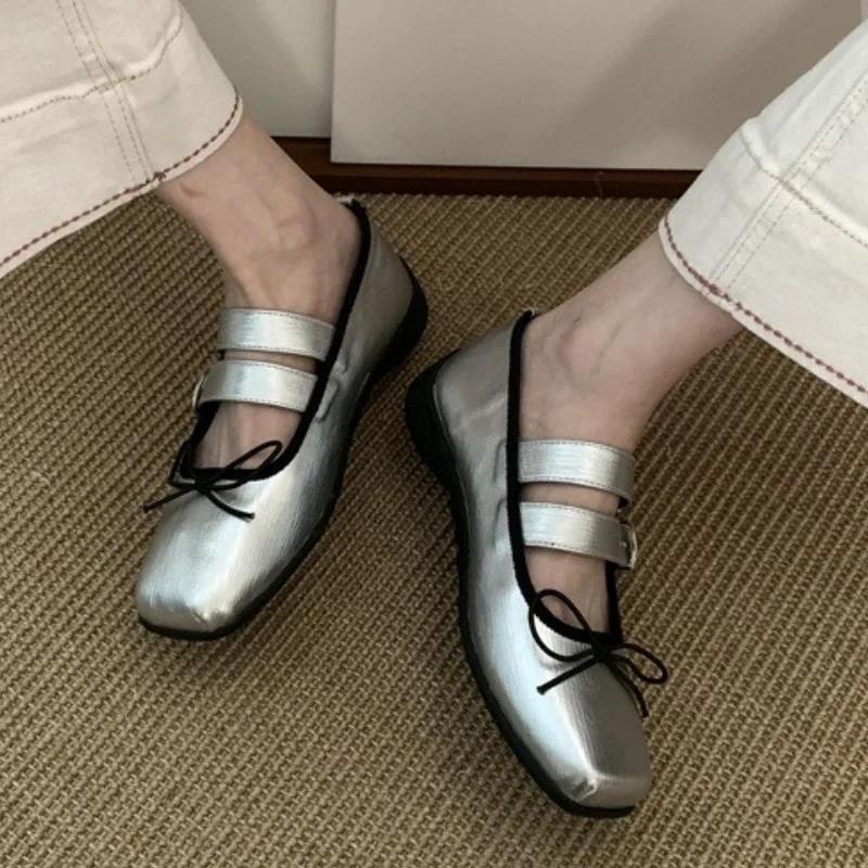 Fashion Vintage Square Toe Buckle Design Mary Jane Shoes Women Fashion Shallow Bow Brand Ballet Flats Comfortable Concise Casual Shoes