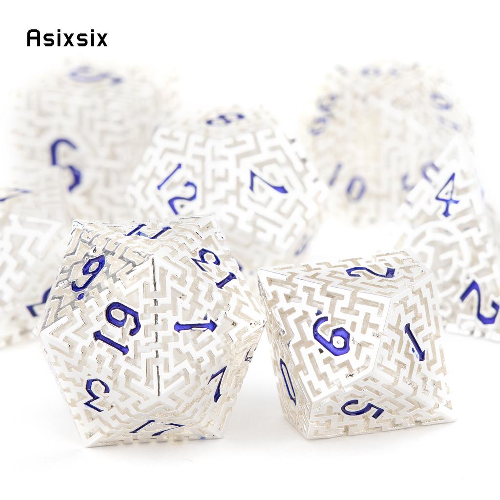 7 Pcs  White Blue Metal Dice Maze Hollow Metal Polyhedral Dice Set Suitable for Role-Playing RPG  Board Game Card Game