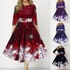 O-Neck 3/4 Sleeves Waist Tight High-Waist Christmas Dress Xmas Snowflake Print Large Hem A-Line Midi Dress