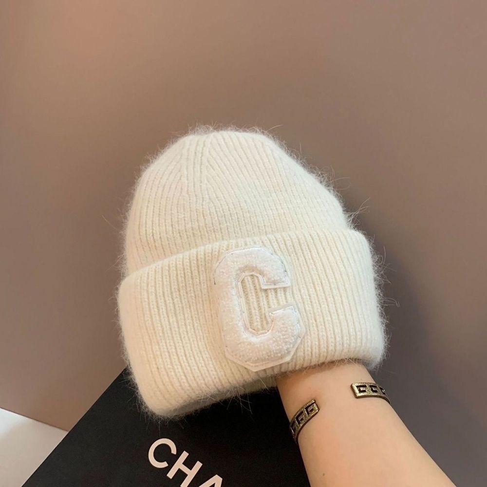 Knit Beanie Hat Angora Rabbit Hair Double Fold Letter C Rhinestone Winter Warm Soft Conical Skullcap Women