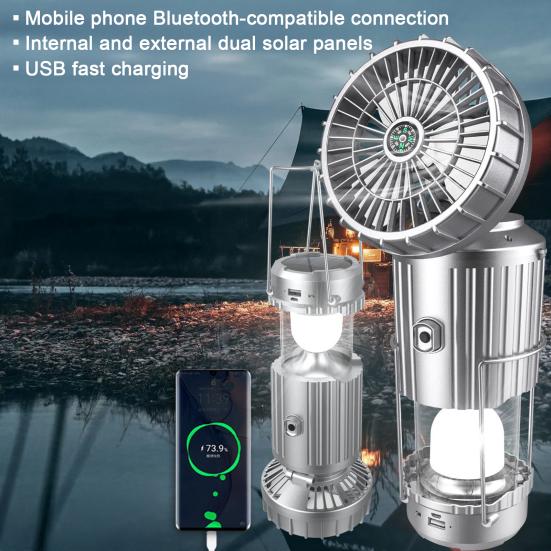 5-in-1 Portable LED Camping Lantern with Fan Bluetooth-compatible Speaker Solar Powered USB Rechargeable Emergency Hanging Light