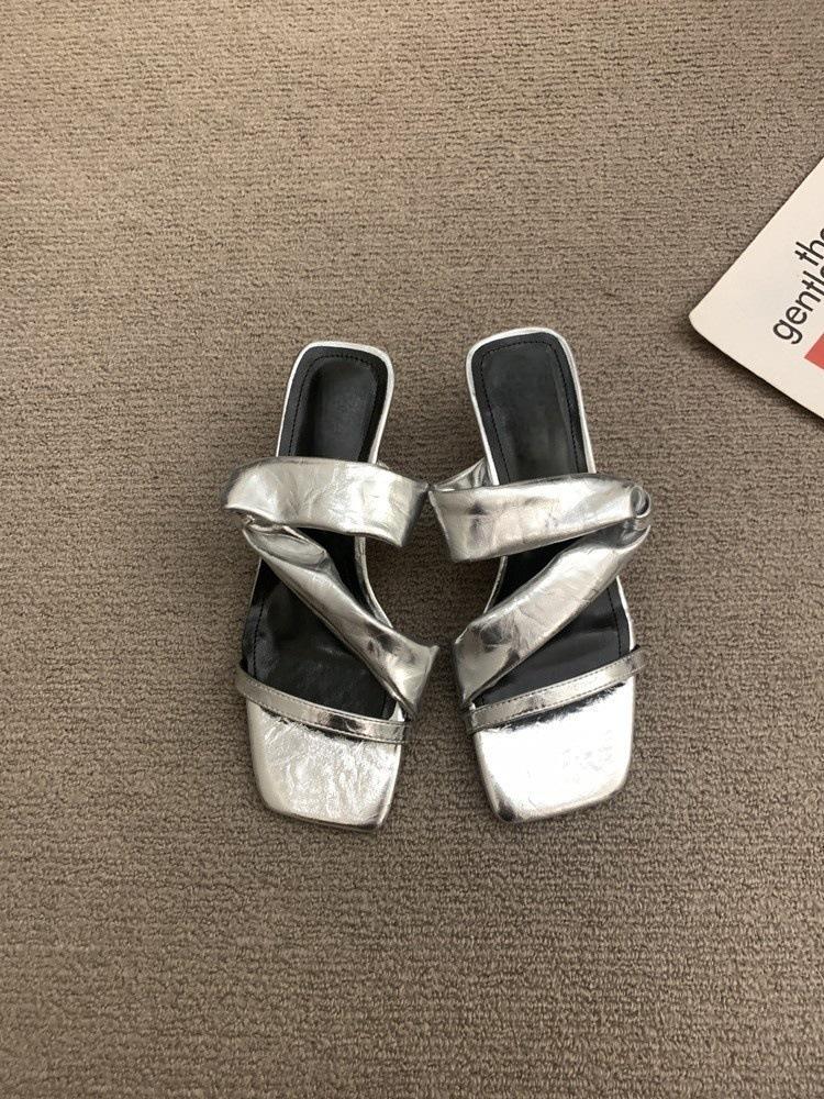 Wedge Sandals Niche Design Sense Word with High Heels Women's Summer New Silver Cool Slippers New Roman Shoes Women's Shoes