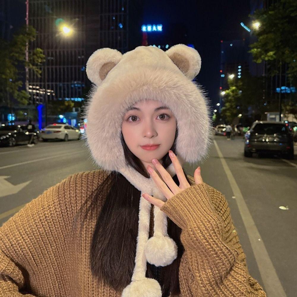 Cute Warm Winter Hat Ear Protection Lacing Bear Ears Hat Velvet Rabbit Ear Woolen Bucket Hat Women