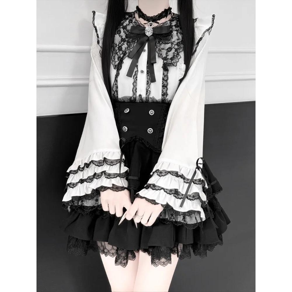 Cute Lace Bow Lolita Shirts Women Japanese Y2K Puff Long Sleeve Slim Fit Blouse Subcultural Matching Clothing