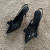 TRAF Women‘s Black Bow Leather High Heels Sexy Pointed Toe Stiletto Female 2024 Summer Fashion Pumps Sexy Slingbacks Sandals