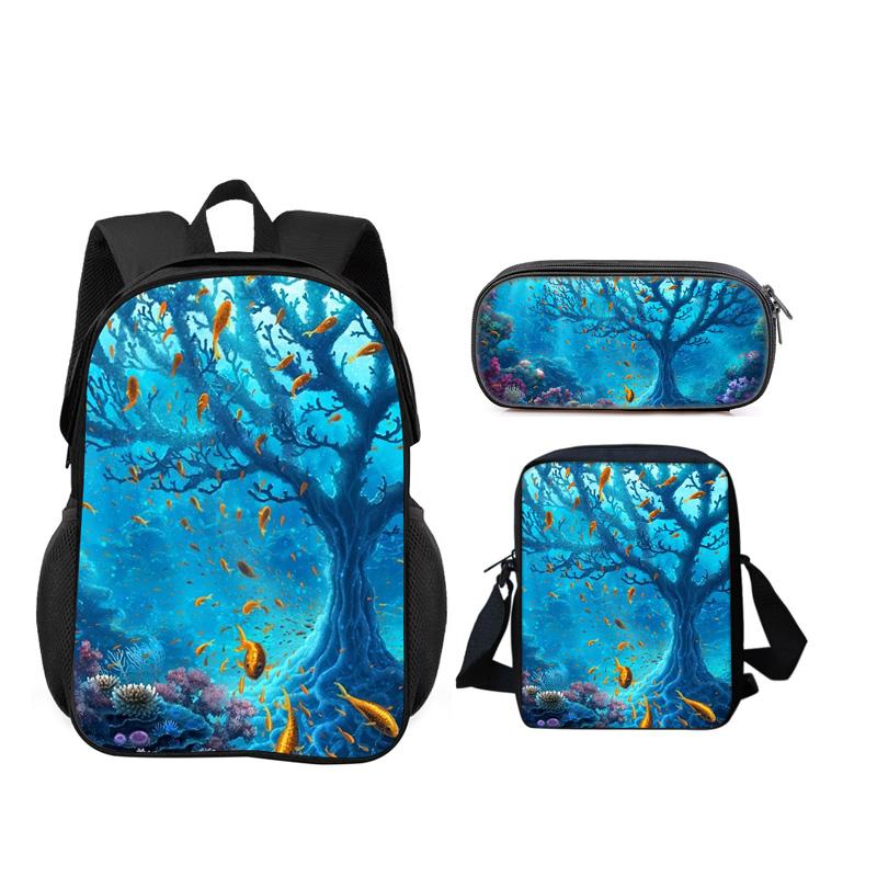 Mondo Subacqueo Set da 3 Pezzi Zaino Astuccio Borsa a Spalla Durevole alla Moda, Versatile Cartone Animato Ragazzo e Ragazza Compleanno Miglior Regalo