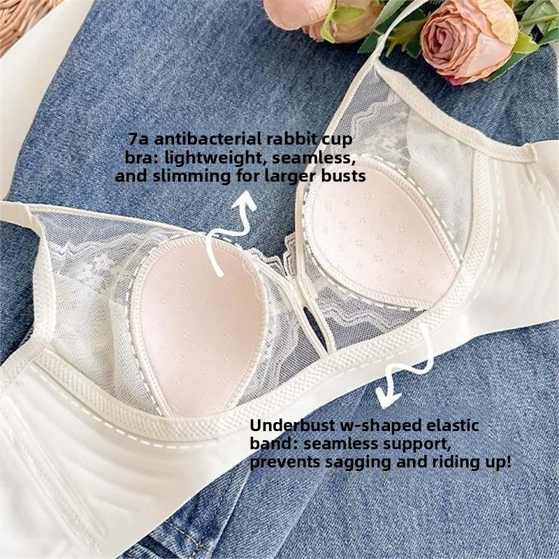 French Lace Crystal Cup Wireless Bra, Ultra Thin Minimizer Side Gathering Anti-Sag Bra for Full Bust Summer Women