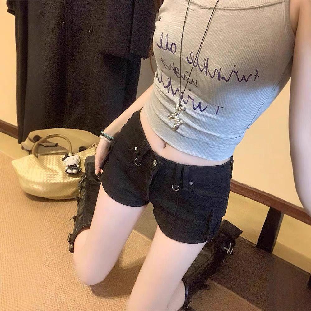 Pantaloncini di Jeans da Lavoro Neri Retrò da Donna per l'Estate Pantaloni Slim sui Fianchi