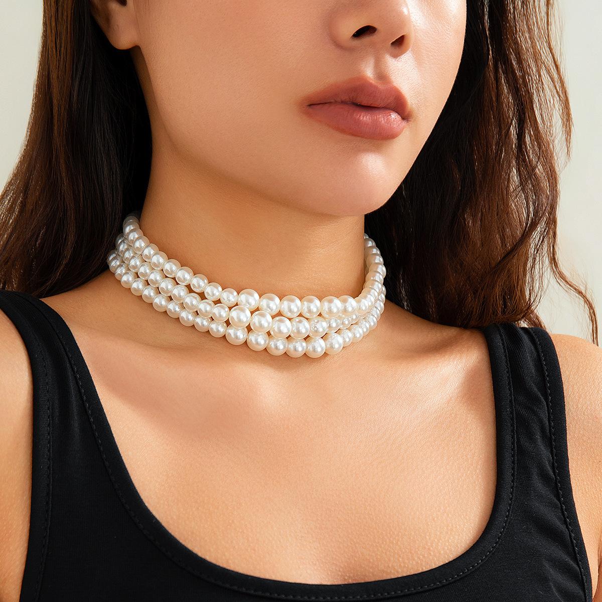 

Accessories, retro exaggerated large pearl chocker collarbone chain, temperament multi-layer beaded necklace women