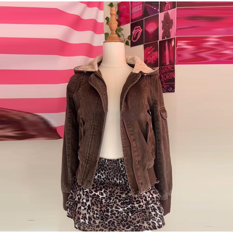 Fur Collar Decorative Hooded Jacket Zipper Snap Button Cotton Jacket Brown Ladies Coat Autumn and Winter New Style Warm Jacket