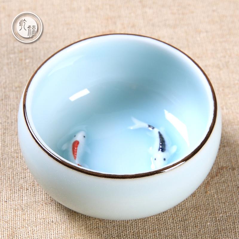 Longquan Celadon Embossed Plum Green Ceramic Tea Cup with Lid, Large Size for Kung Fu Tea Tasting
