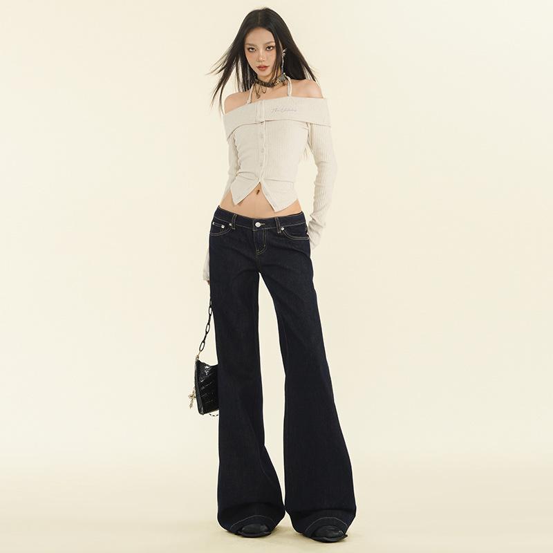 

Women s Dark Blue Low-Waist Micro-Flare Jeans - 2024 Autumn/Winter Straight Loose Fit Wide-Leg Trousers Extra Small
