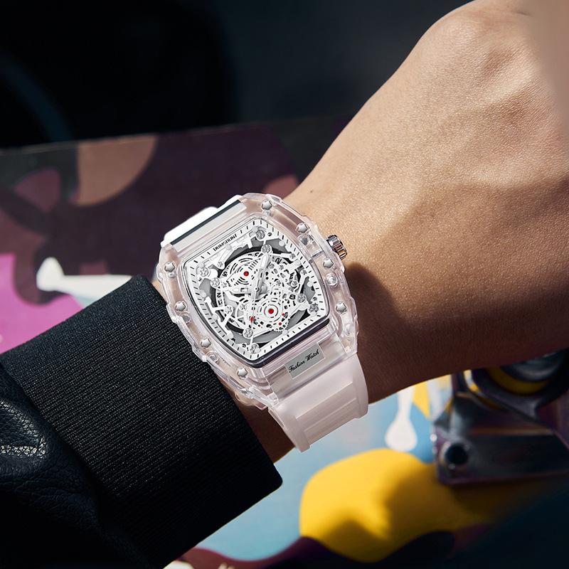 Men's Transparent Barrel-Shaped Quartz Waterproof Wristwatch