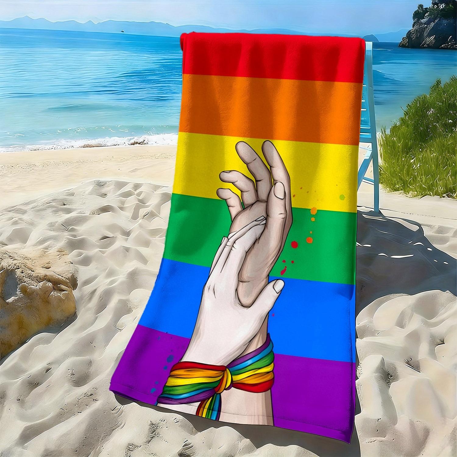 

Rainbow Flag and Holding Hands polyester microfiber beach towel is highly absorbent, suitable for swimming and beach outings W30*H60(CM)