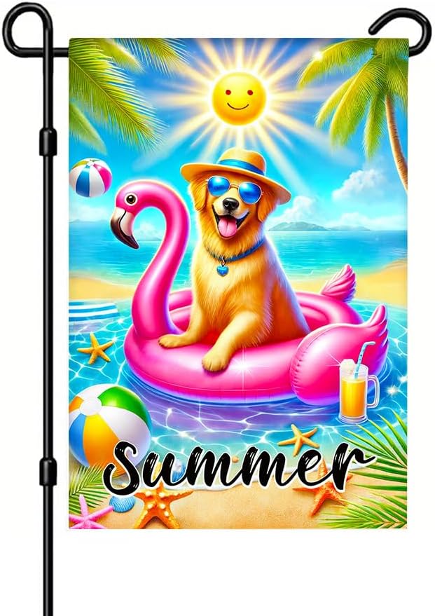 Garden Ag 12x18 Inch Outdoor Yard Banner Featuring Cool Gray Cat In Red Sunglasses with Watermelon and Juice On Pool Oat SSL
