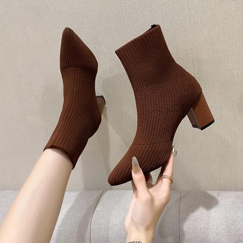 Winter Knitting Sock Boots Women Shoes High Heels Pointed Toe Ankle Boots Brand 2025 Trend New Comfort Elegant Dress Botas Mujer