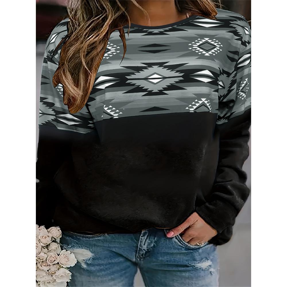 Women's Boho Sweatshirt Color Block Graphics Print Sweatshirt for Women Casual Long Sleeve O-Neck Pullover Women's Clothing