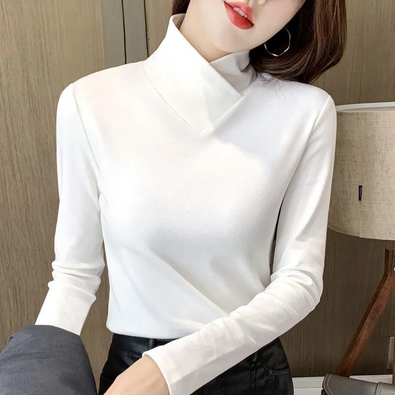 

Double-sided German Velvet Fashion Half-high Collar Warm Western Style Autumn and Winter Slim Large Size Solid Color Women s Bottoming Shirt M белый