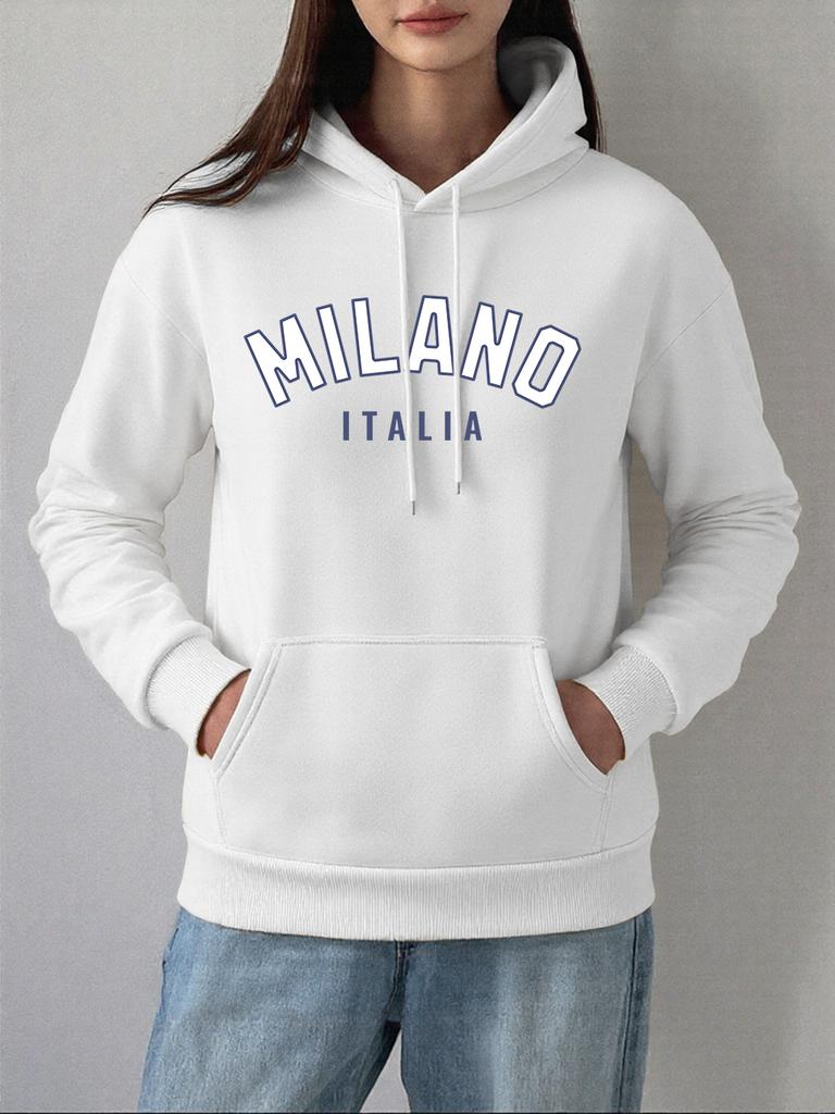 Milano Italia Letter Prints Hoodie Womens Comfortable Loose Pullover Winter Fleece Warm Sweatshirt Basics Pocket Woman Clothes