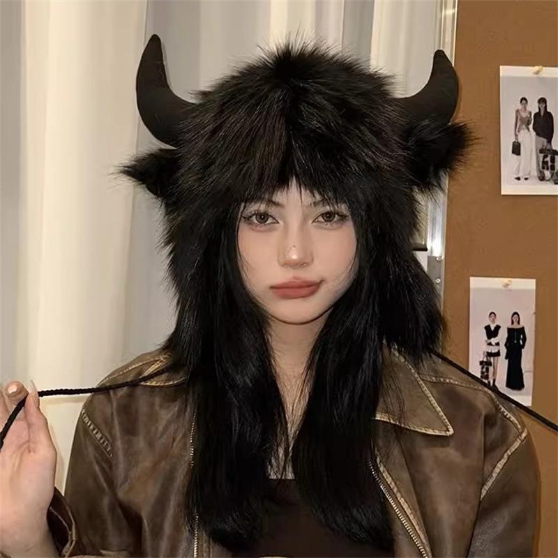 Mei Funny Bull Head Plush Lei Feng Hat, Women's Winter Warm Ear Protection, Windproof and Cold Riding Bull Devil King Hat