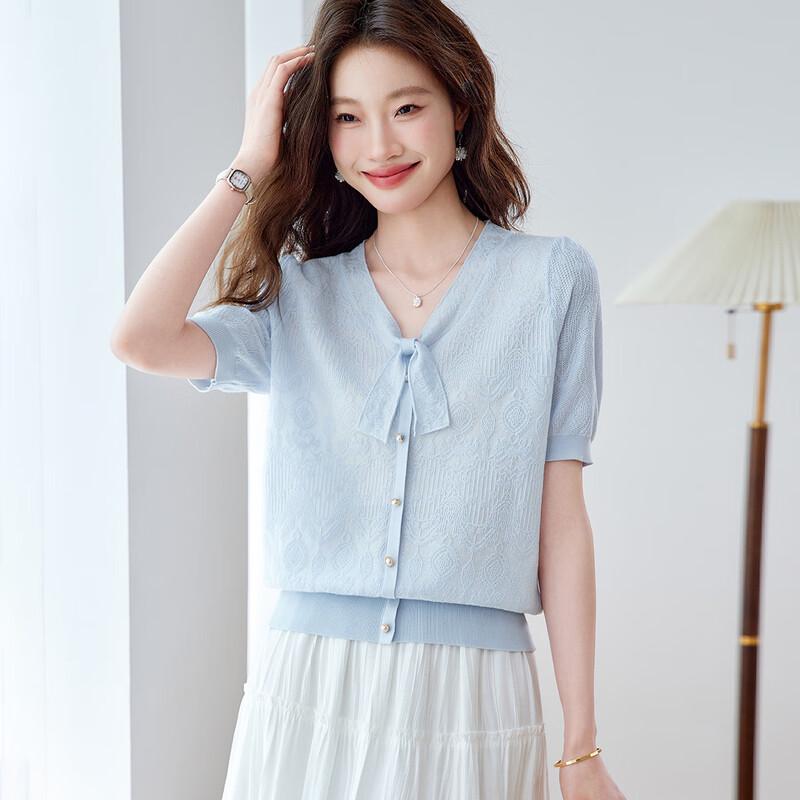 Srcr Women's Silk Blend French Style Textured Knit V-Neck Top