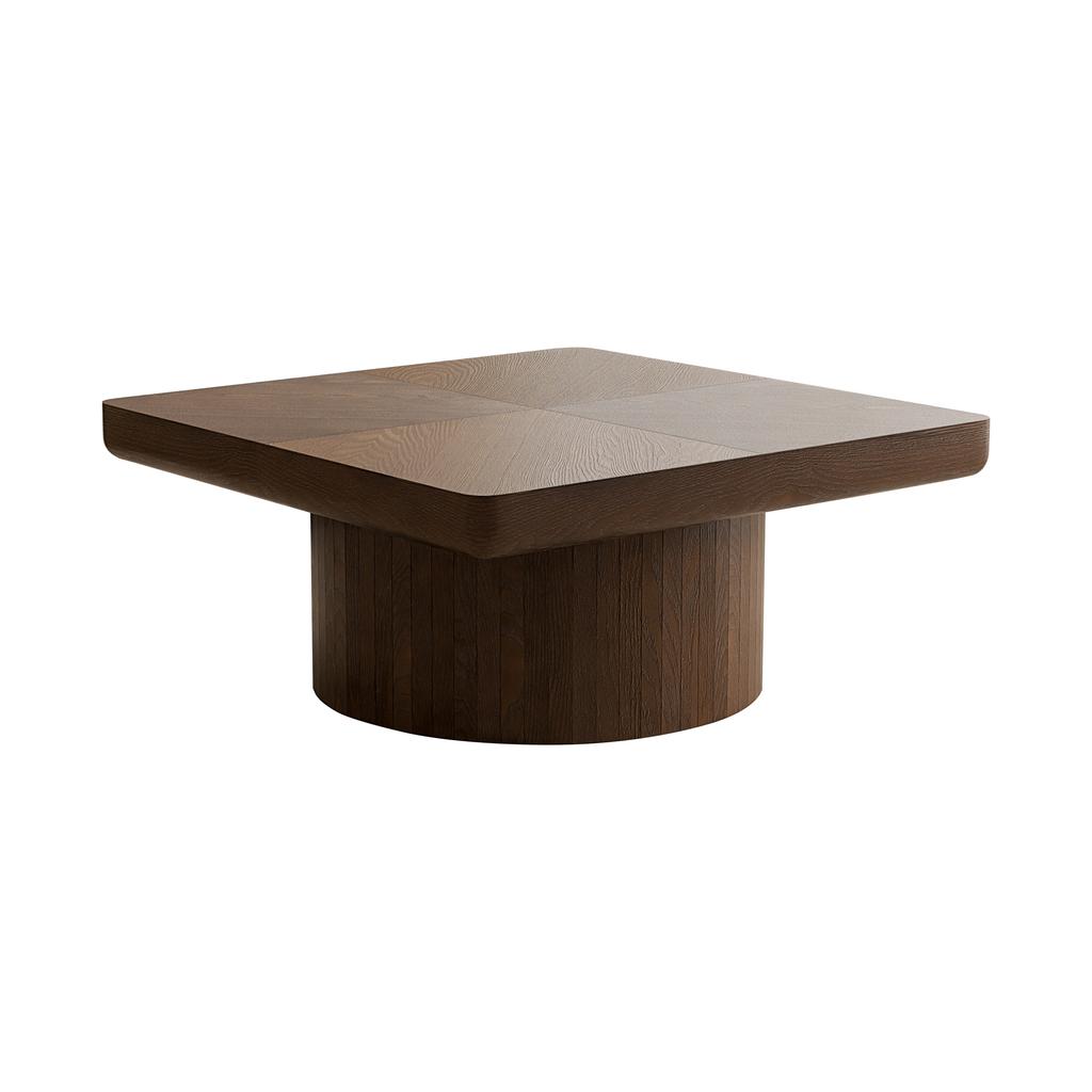 78cm Square Coffee Table for Living Room, Modern Wood Veneer Top with Parquet Pattern & Cylindrical Base, Thickened Tabletop, Easy Assembly, Walnut