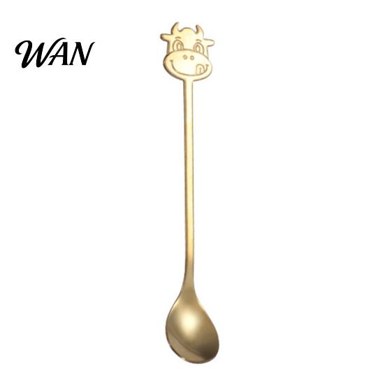 Gold Stainless Steel Spoon Coffee Spoon, Long Handle with Bull Head Decor, Gift for Lovers Multifunctional Stirring Milk Tea Yogurt Jam Silver