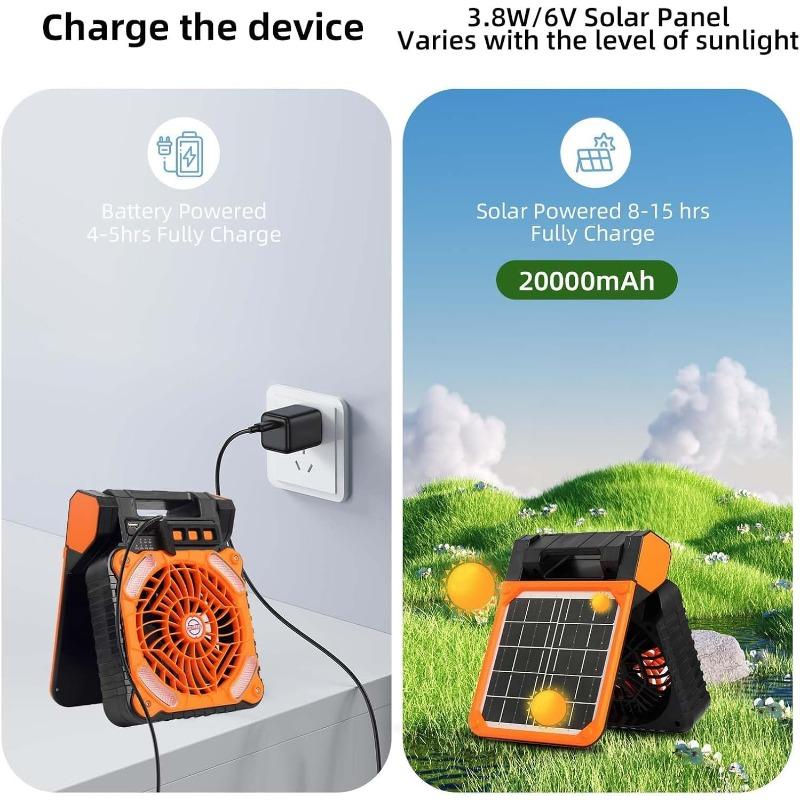 Solar Powered Fan for Camping Portable Rechargeable for Gazebo with LED Light & Timer 4 Speed Cordless Battery Powered for Outdoor Stay Cooling Orange