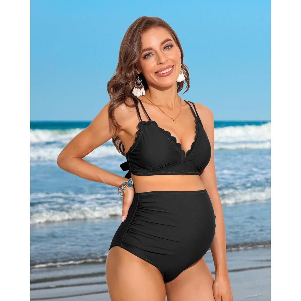 CHARMLEAKS Maternity Swimsuit Women Two Piece High Waist Bikini Scallop Trim Bathing Suit Pregnancy Swimwear