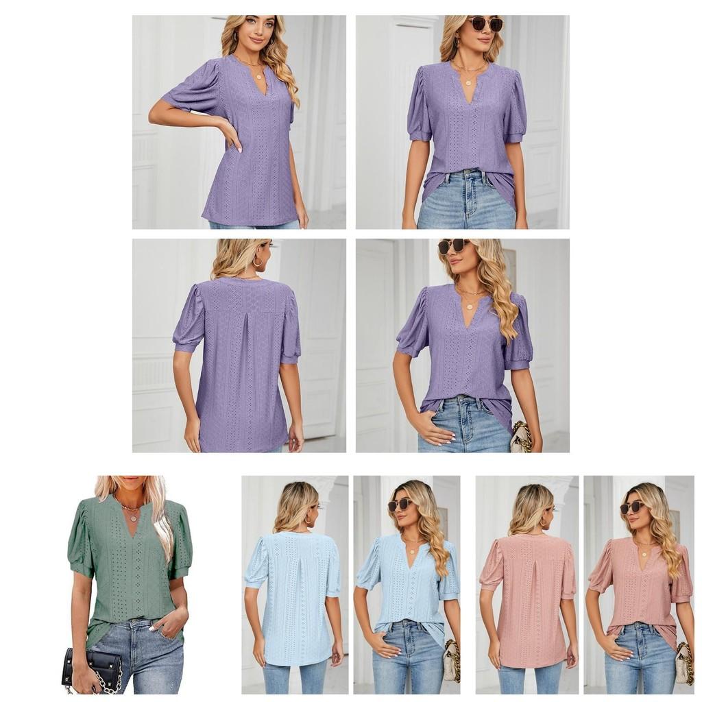 Stylish V-neck Solid Color Blouse With Short Sleeve Cut Out Lace